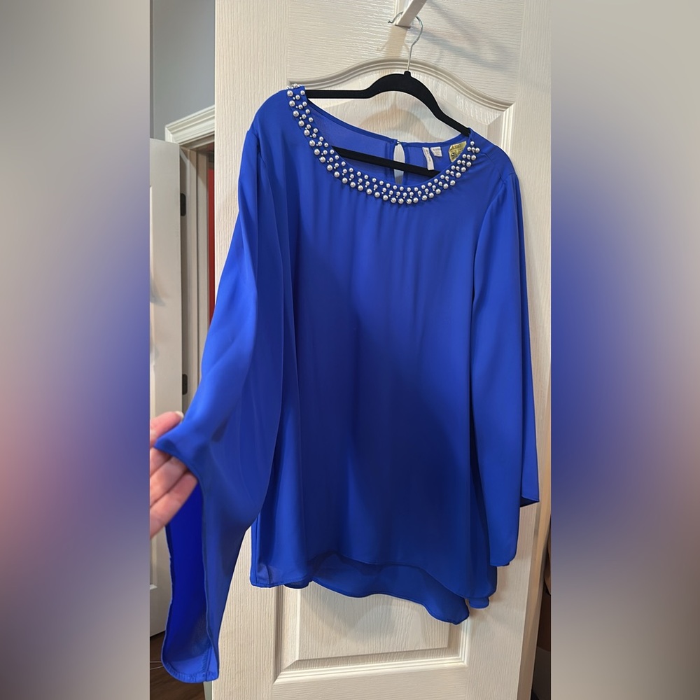 Blue Chiffon Blouse with Pearl Collar